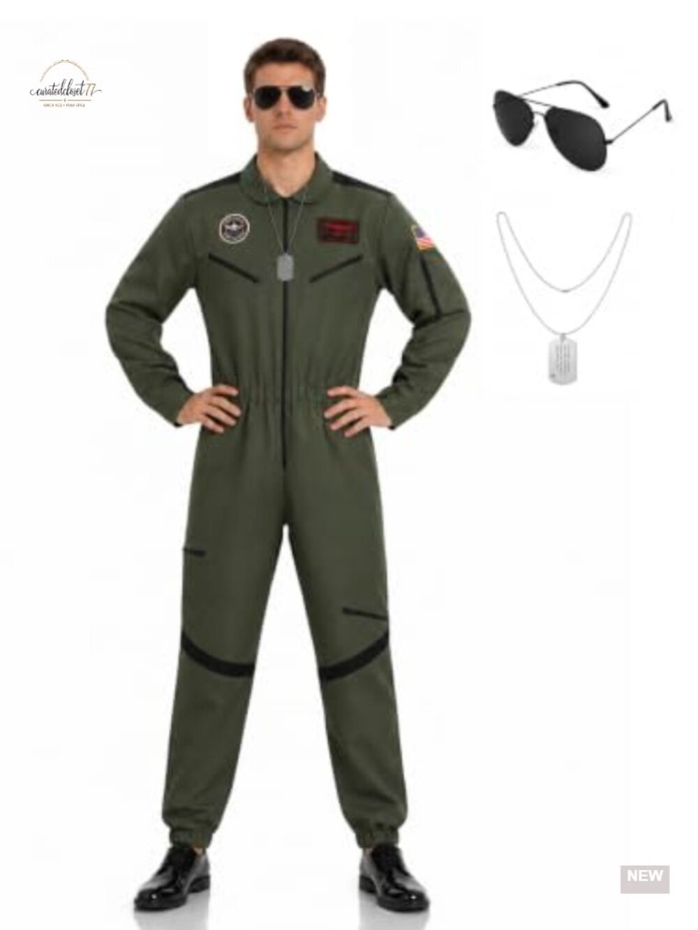 Men's Fighter Pilot Costume Jumpsuit 3-Piece Aviator Halloween Cosplay Set